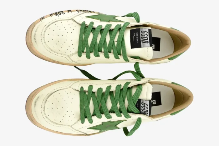 Top-down view of Golden Goose Ball Star sneakers in white and green with tan accents and green laces. - SKU GWF00117-F005821-10361