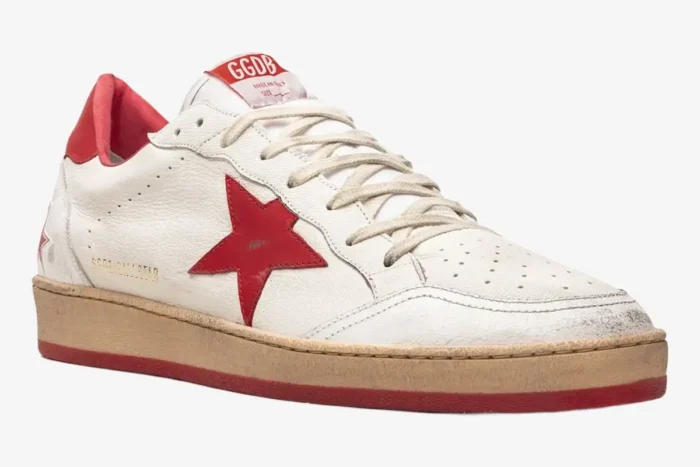 Side view of a Golden Goose Ball Star white leather sneaker featuring a red star and beige midsole. - SKU GMF00117-F000325-10275