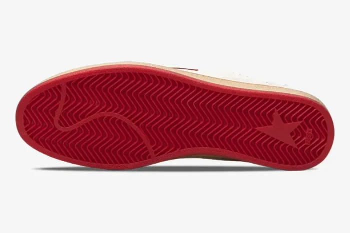 Bottom view of Golden Goose Ball Star sneaker featuring a red herringbone pattern outsole and beige midsole. - SKU GMF00117-F000325-10275