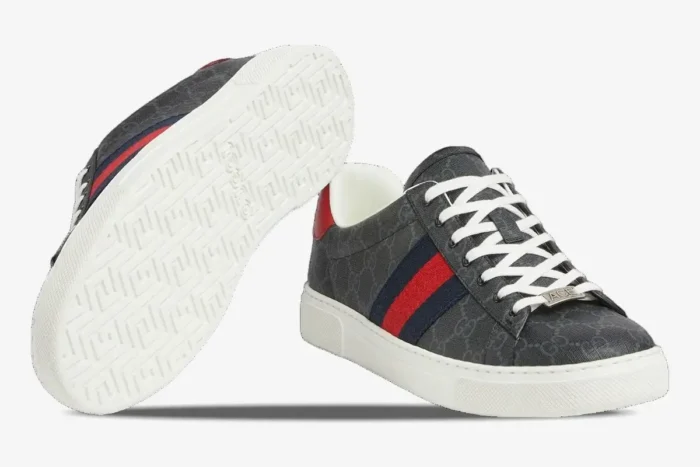 Gucci Ace GG Supreme canvas sneakers in grey with red and blue web stripe, showing side and sole. - SKU 760775FACMZ1065
