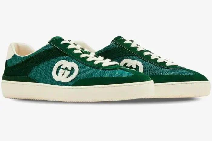 Side profile of Gucci G74 Interlocking G sneakers in green suede and mesh with white soles. - SKU 791742AADM03143