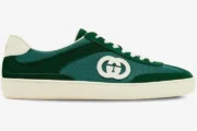 Side profile of a Gucci G74 Interlocking G sneaker in green suede and mesh with white sole. - SKU 791742AADM03143