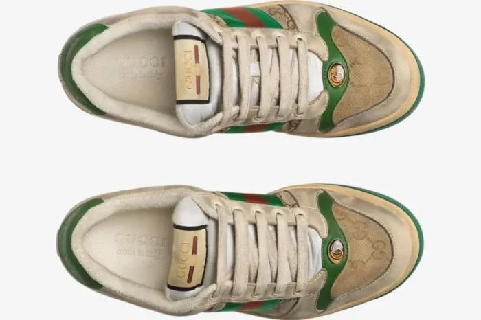 Top-down view of Gucci GG Screener Distressed 'GG Canvas' sneakers in beige with green leather trim. - SKU 5465519Y9209666