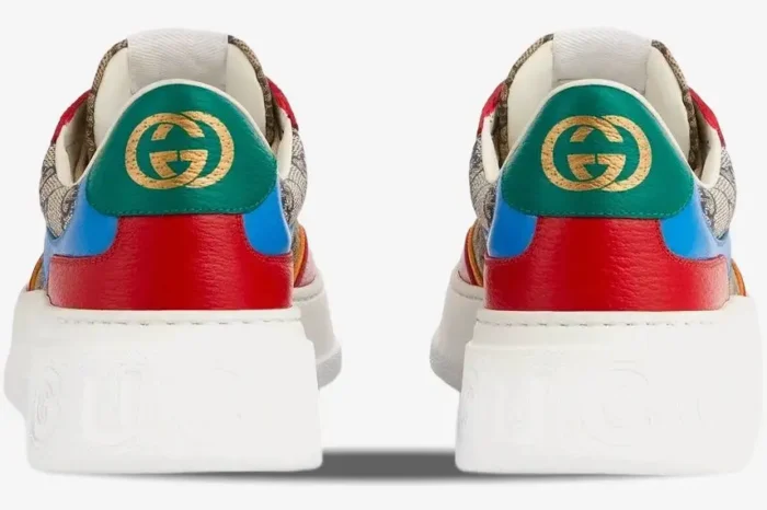 Rear view of Gucci GG Supreme low top sneakers with multi-color leather panels and chunky white soles. - SKU 726828FABAV4050