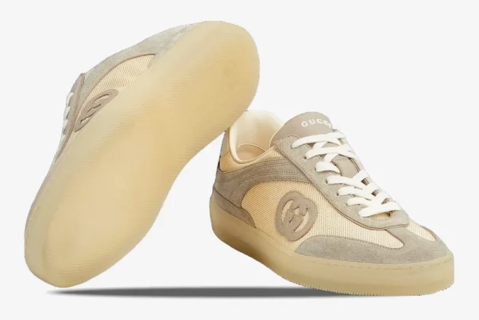 Gucci Interlocking G sneaker in oatmeal suede and mesh, showing side and sole views. - SKU 791742AAECN9548