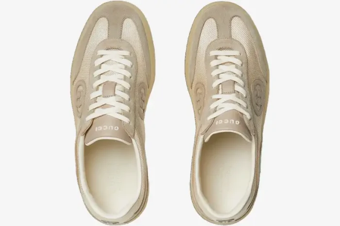 Top-down view of Gucci Interlocking G sneakers in oatmeal suede and mesh with white laces. - SKU 791742AAECN9548
