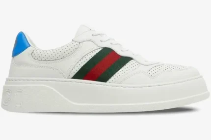 Gucci Mac80 Chunky GG Web Sneaker in white and blue, side profile view showing the green and red web stripe. - SKU 669698UPG109060