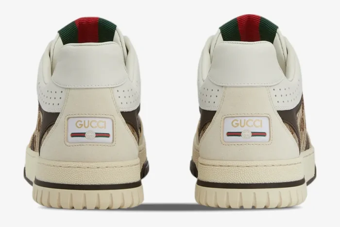 Rear view of Gucci Re-Web Sneakers in beige ebony GG canvas with signature logo heel patches. - SKU 787476AADHW9568