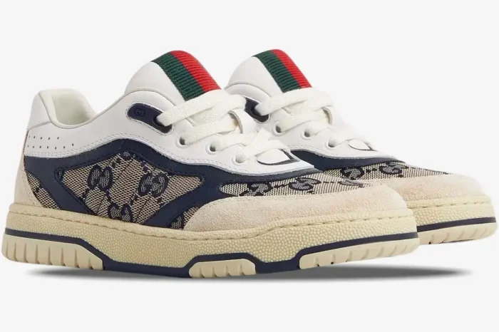 Gucci Re-Web sneakers in beige ivory blue GG canvas, side profile view showing monogram and web detail. - SKU 787476-AADHW-9552