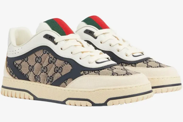 Gucci Re-Web Sneaker in GG canvas beige ivory and blue, three-quarter side view. - SKU 787476AADHW9552