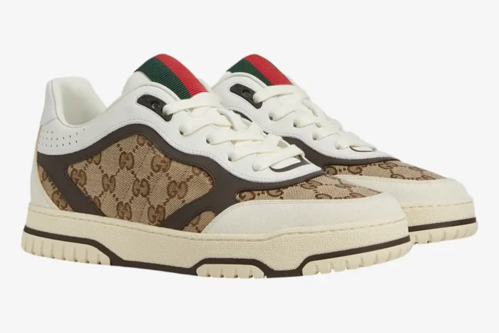 Gucci Re-Web sneakers in beige ebony GG canvas and white leather, three-quarter side view. - SKU 787476AADHW9568