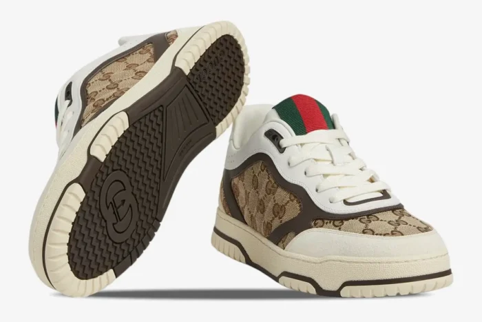 Gucci Re-Web Sneaker in beige ebony GG canvas, featuring front and bottom sole views. - SKU 787476AADHW9568