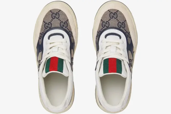 Top-down view of Gucci Re-Web sneakers in beige ivory blue GG canvas with green and red web tongue. - SKU 787476-AADHW-9552