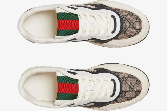 Top-down view of Gucci Re-Web Sneakers in beige GG canvas, ivory leather, and iconic green-red web stripe. - SKU 787476AADHW9552