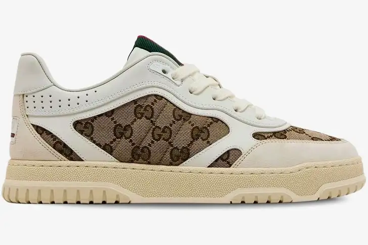 gucci-re-web-sneaker-gg-monogram-white-side-787476-aadhw-9573-286-361 Side profile of a Gucci Re-Web sneaker featuring white leather, beige suede, and GG monogram canvas. - SKU 787476-AADHW-9573