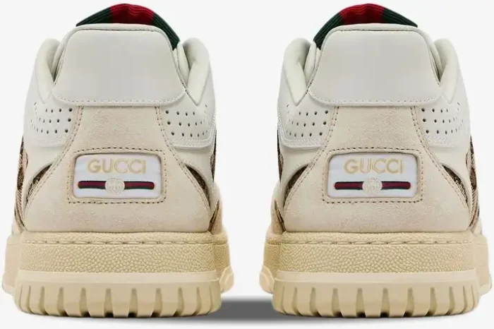 Rear view of Gucci Re-Web sneakers in white and beige leather with GG monogram canvas and logo patch. - SKU 787476-AADHW-9573