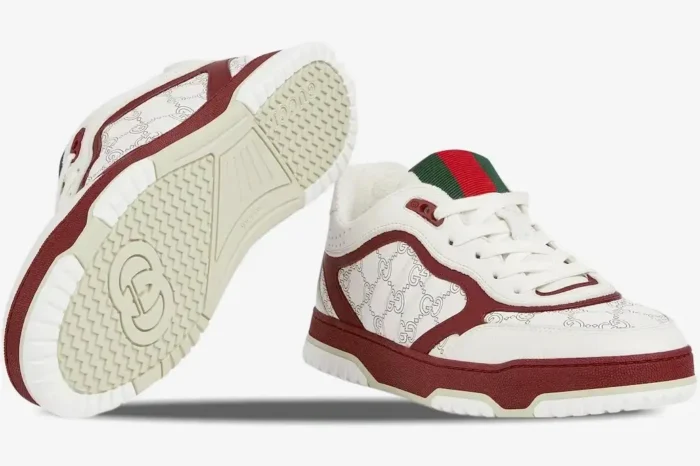 Gucci Re-Web Sneaker in White Rosso Ancora, showing side profile and bottom sole view. - SKU 850193AAFOO9043