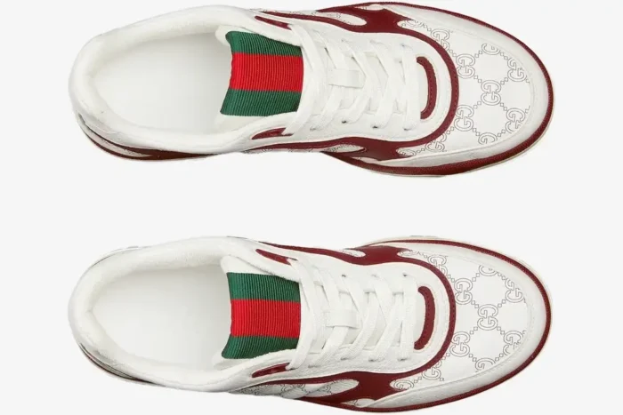 Top-down view of Gucci Re-Web sneakers in white leather with Rosso Ancora red accents. - SKU 850193AAFOO9043