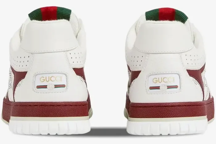 Rear view of Gucci Re-Web sneakers in white and Rosso Ancora red with logo heel detail. - SKU 850193AAFOO9043