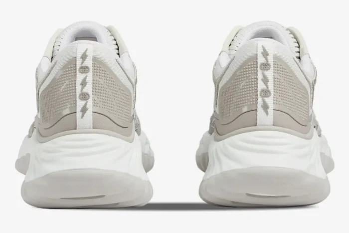 Rear view of Gucci Ripple sneakers in white and grey mesh featuring chunky wavy soles and logo heel tabs. - SKU 787645FADF39046