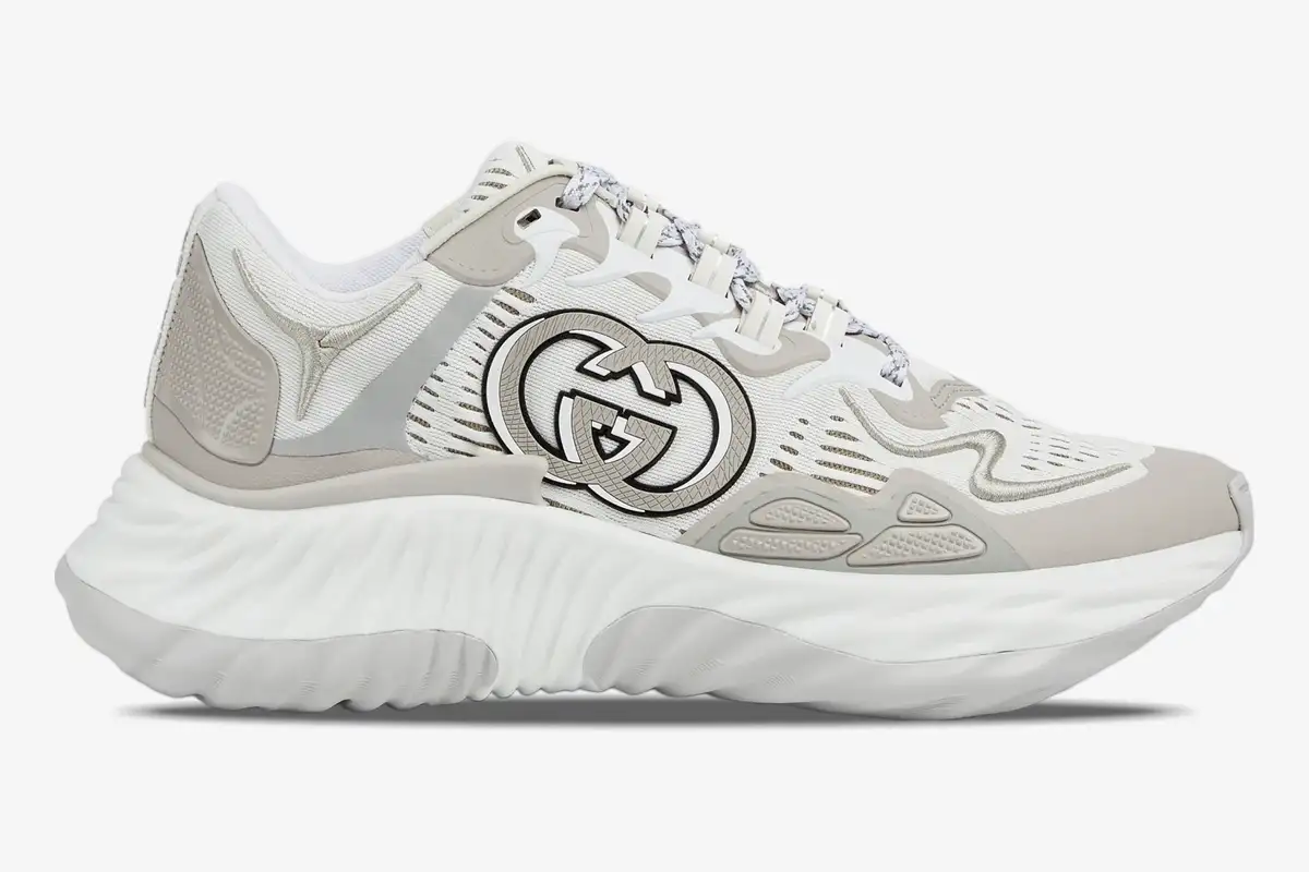 gucci-ripple-white-grey-mesh-side-profile-787645fadf39046-973-817 Gucci Ripple sneaker in white and grey mesh, side profile view with interlocking G logo. - SKU 787645FADF39046