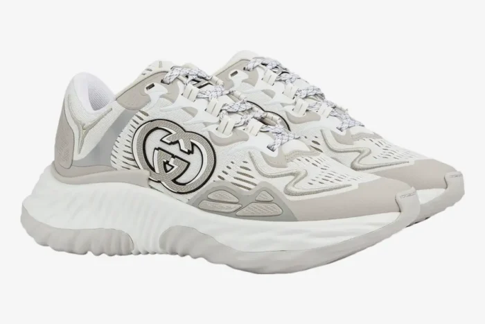 Gucci Ripple white and grey mesh sneakers in a side three-quarter view. - SKU 787645FADF39046