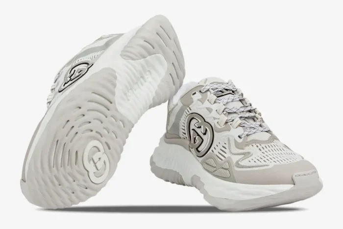 Gucci Ripple sneakers in white and grey mesh, showing the side profile and textured sole. - SKU 787645FADF39046