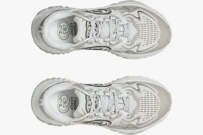 Top-down view of Gucci Ripple sneakers in white and grey mesh with chunky soles. - SKU 787645FADF39046