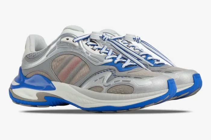 Gucci Run 2.0 grey and blue mesh technical runner sneakers, side profile view with silver details. - SKU 814040FAD5T8753