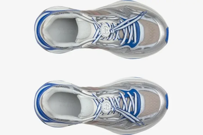 Top-down view of Gucci Run 2.0 grey and blue mesh technical runners. - SKU 814040FAD5T8753