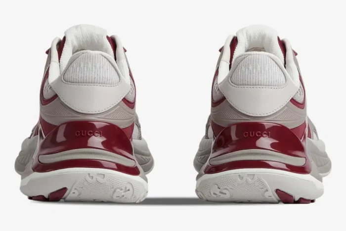 Back view of Gucci Run 2.0 'Rosso Ancora' sneakers in grey mesh and deep red glossy accents. - SKU 814040FAD5T8754