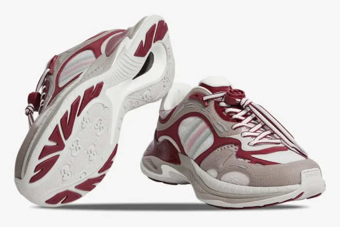 Gucci Run 2.0 'Rosso Ancora' grey mesh sneakers with burgundy accents, side and sole perspective. - SKU 814040FAD5T8754