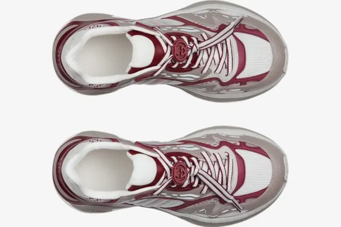 Top-down view of Gucci Run 2.0 'Rosso Ancora' sneakers in grey mesh and deep red accents. - SKU 814040FAD5T8754