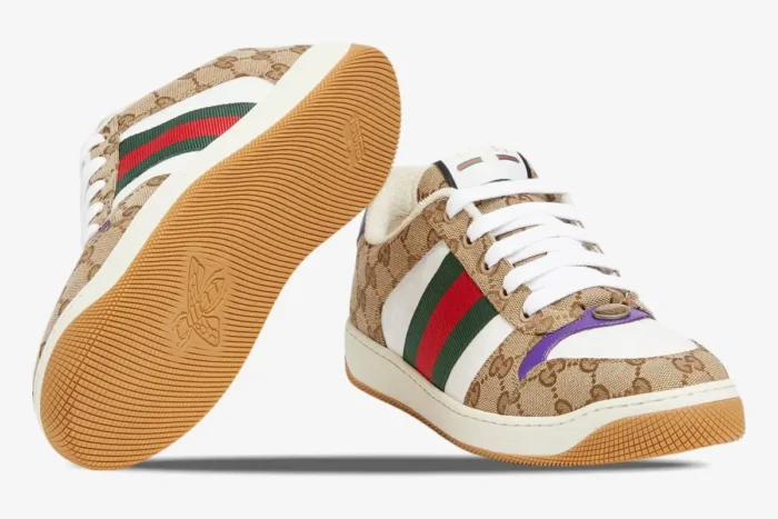 Gucci Screener sneakers in beige, white, and purple, showing side and sole views. - SKU 812638FAD3U9752