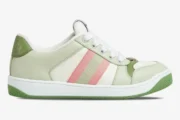 Gucci Screener GG canvas sneaker in green, white, and pink, side profile view. - SKU 806629FADXS9158