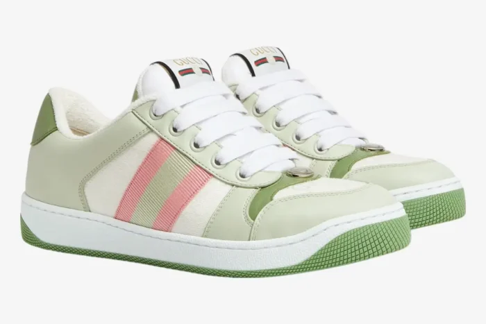 Gucci Screener GG Canvas sneakers in green, white, and pink, shown from a three-quarter side perspective. - SKU 806629FADXS9158