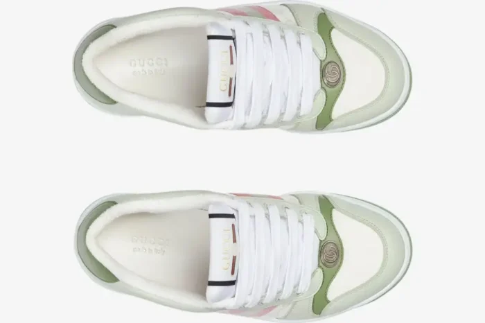 Top-down view of Gucci Screener GG Canvas sneakers in green, white, and pink. - SKU 806629FADXS9158