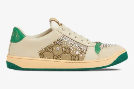 Side profile of Gucci Screener Low Top sneakers in ivory and green with crystal-embellished GG canvas. - SKU 812041AAEB29541