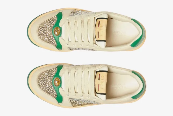 Top-down view of Gucci Screener Low Top sneakers in ivory and green with crystal details. - SKU 812041AAEB29541