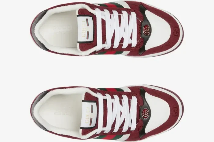 Top-down view of Gucci Screener Rosso Ancora GG Canvas sneakers featuring red canvas and white laces. - SKU 812638FAD7W8542