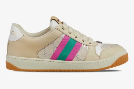 Side profile of Gucci Screener women's sneakers in beige leather with pink and green Web stripe and GG lamé. - SKU 5776842C8309150
