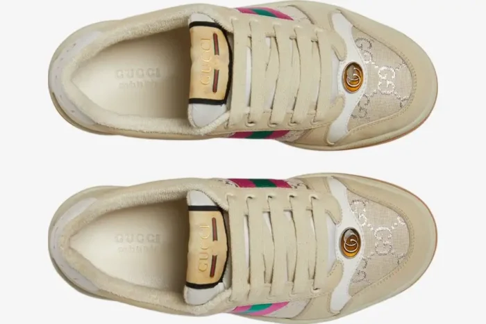 Top-down view of Gucci Screener women's sneakers in white GG lamé with green and pink web stripes. - SKU 5776842C8309150