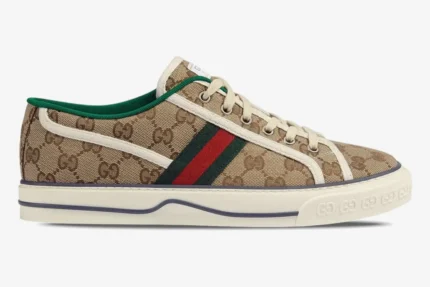 Gucci Tennis 1977 GG Supreme canvas sneaker in beige and ebony, side profile view. - SKU 606111HVK209766
