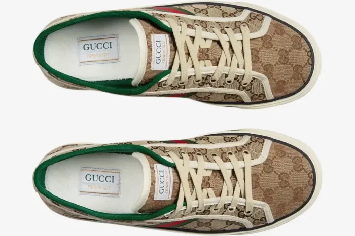 Top-down view of Gucci Tennis 1977 GG Supreme canvas sneakers in beige with green trim. - SKU 606111HVK209766