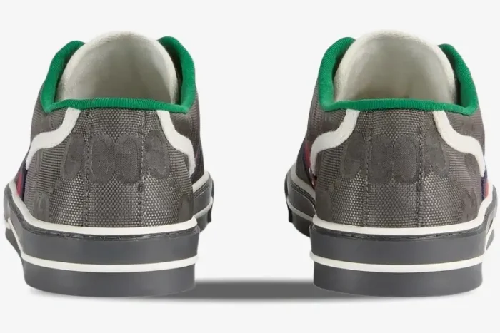 Rear view of Gucci Tennis 1977 Off the Grid Low sneakers in grey with green trim and GG monogram. - SKU 628709H9H701161