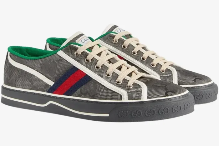 Gucci Tennis 1977 Off the Grid Low grey sneakers, side three-quarter view showing GG monogram and web stripe. - SKU 628709H9H701161
