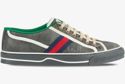 Side view of Gucci Tennis 1977 Off the Grid Low Grey sneakers with GG monogram and blue-red web stripe. - SKU 628709H9H701161