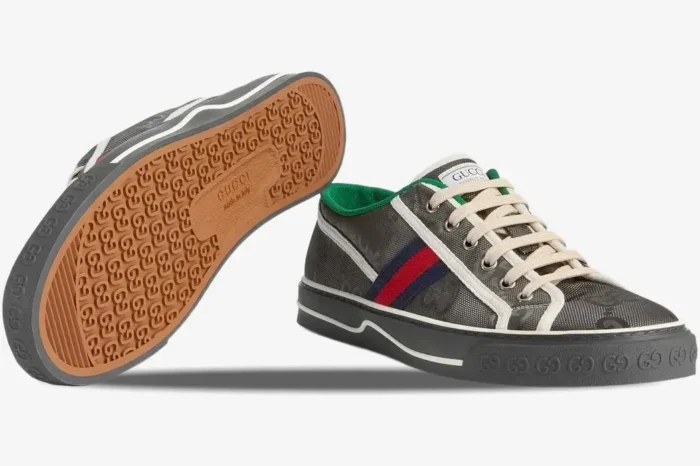 Grey Gucci Tennis 1977 Off the Grid Low sneakers shown from side and bottom sole angles. - SKU 628709H9H701161