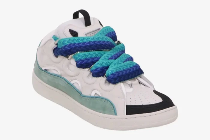 Lanvin Curb Sneaker in white, blue, and green, shown from a three-quarter front angle. - SKU FM-SKRK11-DRAG-H220040