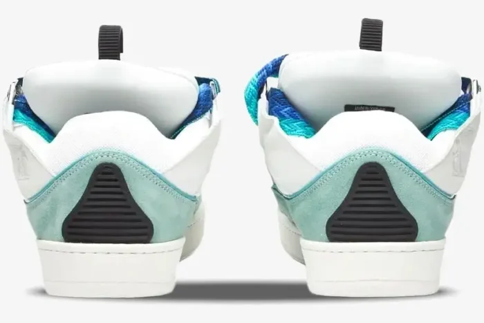 Rear view of Lanvin Curb Sneakers in white, blue, and green with chunky soles and textured heel tabs. - SKU FM-SKRK11-DRAG-H220040